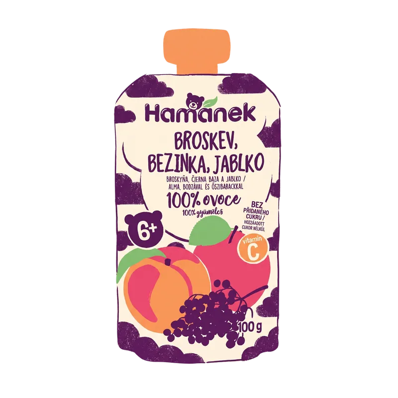 Ovocná kapsička Hamánek 100% ovoce Broskev, bezinka, jablko, 100 g